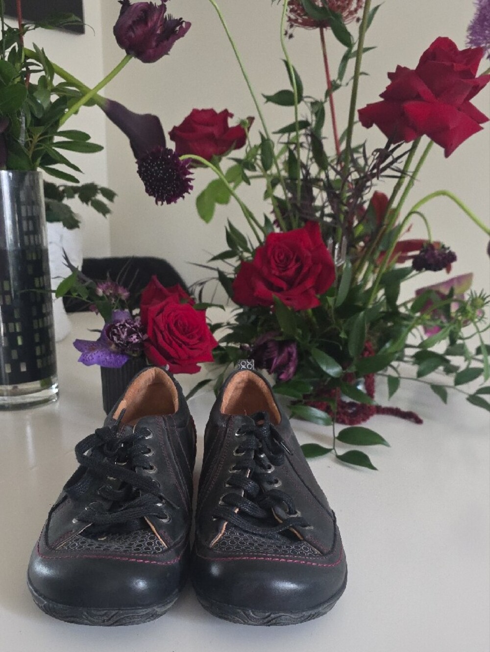 Black Sneakers with Red Heel Accent - Casual Lace-Up- Wide BOX